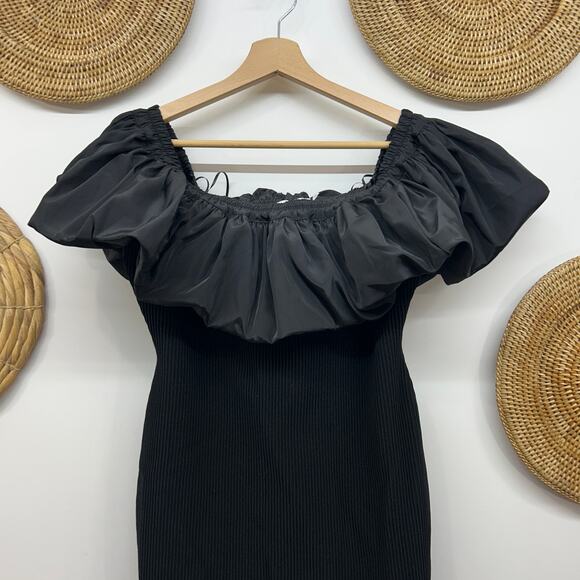 NEW $118 ASTR Black Ruffle Off Shoulder Rib Knit Cherie Mini Dress Large Party - Picture 4 of 8
